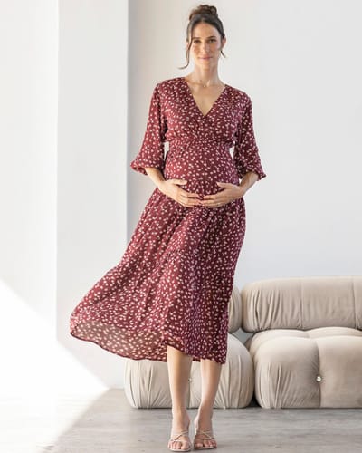 Angel Maternity Dana Maternity Maxi Dress in Burgundy Floral
