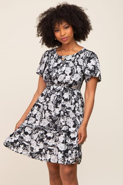 Elloh Black Floral Smocked Gathered Tier Dress
