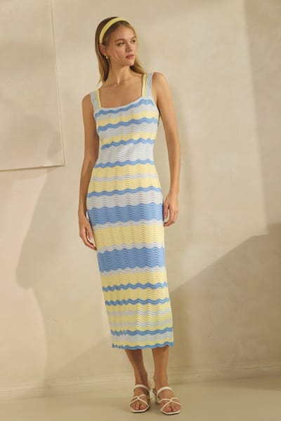 ODDI Light Blue Crochet Knit Striped Tank Dress