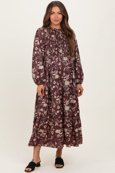 Polagram Brown Floral Smocked Long Sleeve Maternity Midi Dress