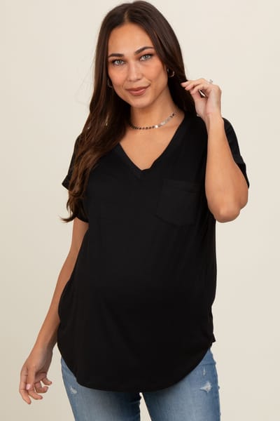 Mitto Black V-Neck Pocket Short Sleeve Maternity Shirt