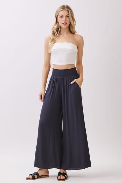 Final Touch Navy Smocked Waist Ankle Wide Leg Pants