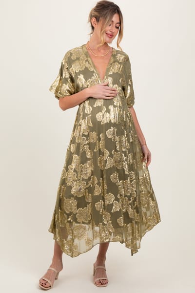 En Creme Olive Metallic Floral Jacquard Overlay Maternity Maxi Dress