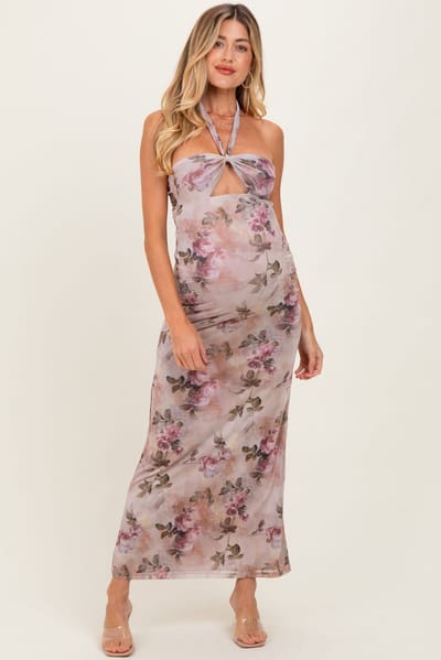 PinkBlush Mauve Floral Halter Cutout Maternity Maxi Dress