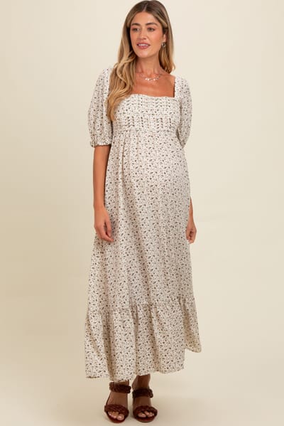 Elloh Ivory Floral Pleated Bodice Maternity Maxi Dress