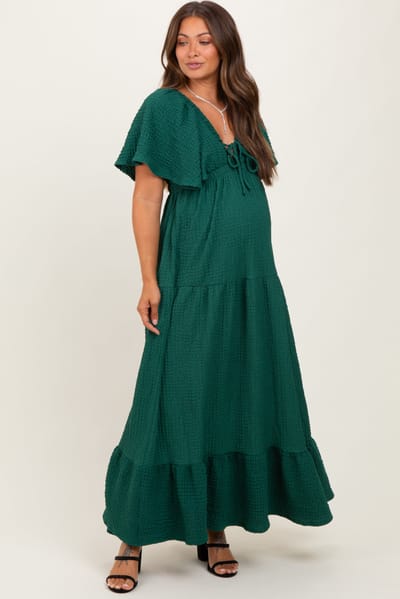 Rhea + Thea Hunter Green Woven Textured Flutter Sleeve V-Neck Tiered Maternity Maxi Dress
