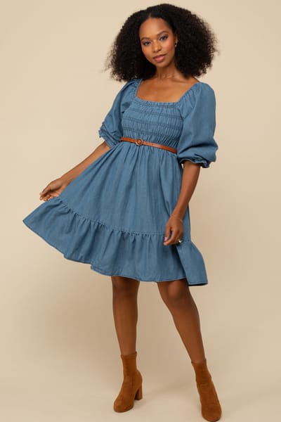 Elloh Blue Vintage Wash Chambray Smocked Midi Dress