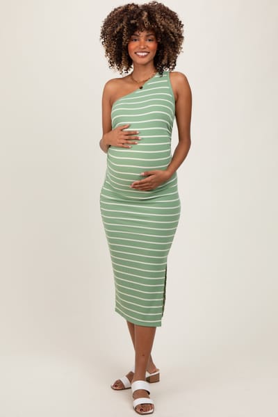 PinkBlush Light Olive Striped One Shoulder Side Slit Maternity Midi Dress