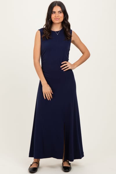 West K Navy Side Slit Ruched Sleeveless Midi Dress