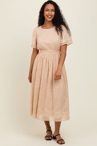Tea N Rose Beige Floral Embroidered Midi Dress