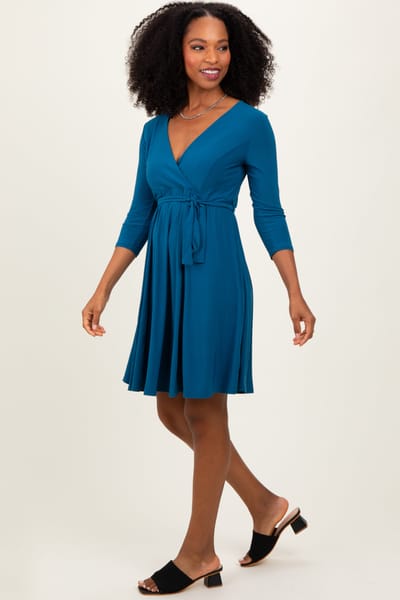 Hello Miz Teal 3/4 Sleeve Nursing Sash Tie Wrap Dress