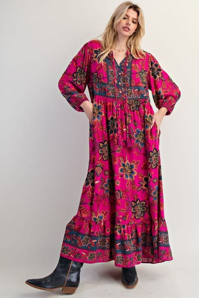 Easel Magenta Floral Tassel Tie Long Sleeve Maxi Dress