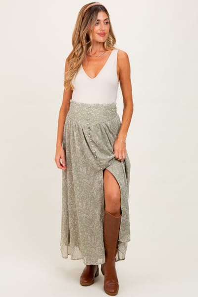 PinkBlush Light Olive Floral Chiffon Button Detail Maternity Maxi Skirt