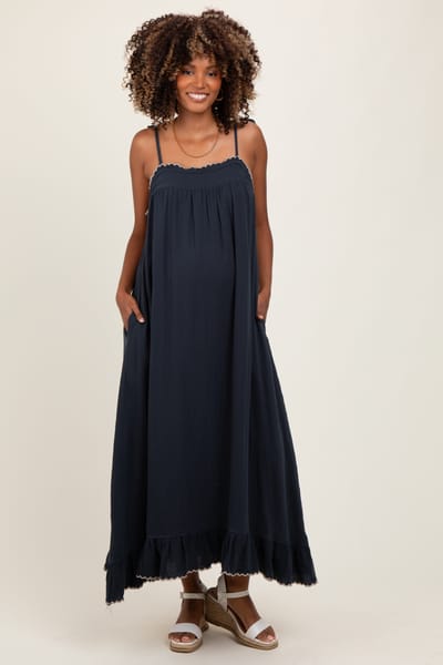 PinkBlush Navy Scallop Trim Shoulder Tie Maternity Maxi Dress