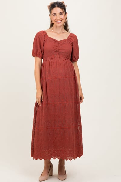 PinkBlush Rust Floral Embroidered Chiffon Maternity Midi Dress