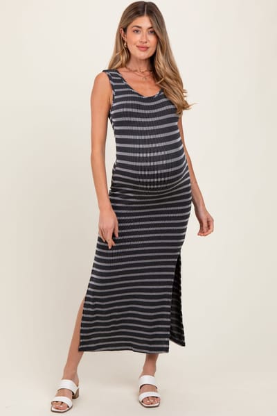 PinkBlush Black Striped Ribbed Sleeveless Side Slit Maternity Maxi Dress