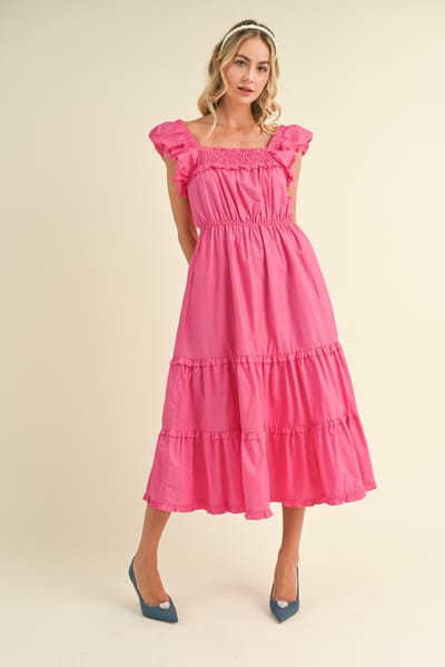 &merci Pink Bubble Sleeve Tiered Ruffle Midi Dress