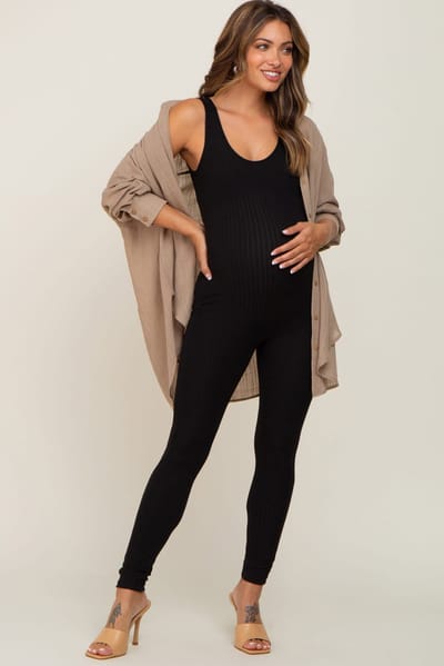 PinkBlush Black Ribbed Bodycon Maternity Jumpsuit