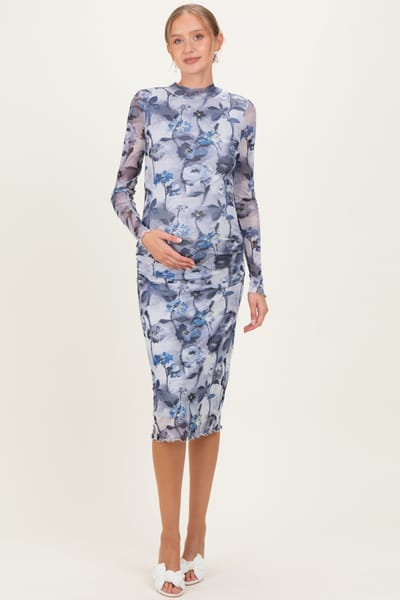 Promesa Blue Floral Mesh Long Sleeve Maternity Midi Dress