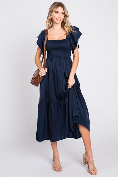 Elloh Navy Satin Flutter Sleeve Midi Dress