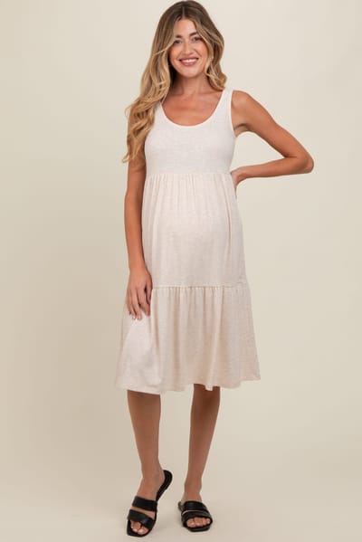 PinkBlush Beige Tiered Sleeveless Maternity Midi Dress