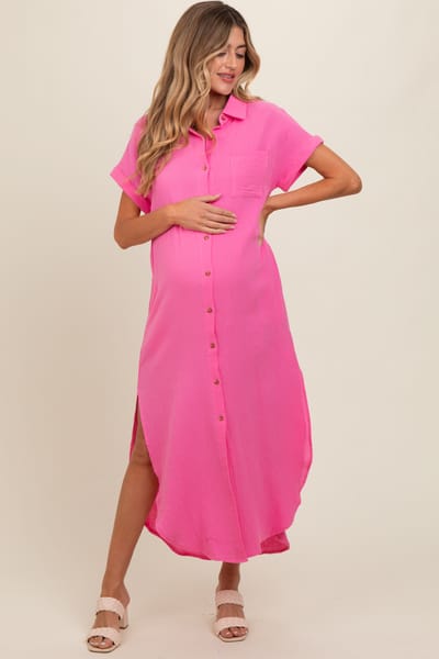 Bluivy Fuchsia Button Down Maternity Midi Dress