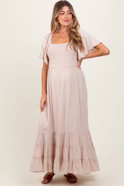 PinkBlush Cream Smocked Cotton Flutter Sleeve Maternity Maxi Dress