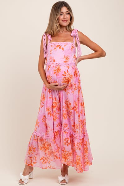 So Me Pink Floral Shoulder Tie Tiered Maternity Maxi Dress