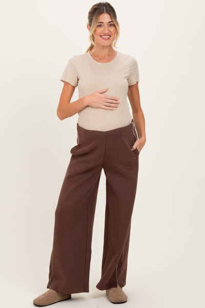 PinkBlush Brown Fleece Wide Leg Maternity Sweatpants