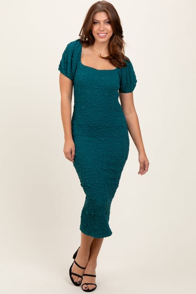 Endless Blu Forest Green Textured Square Neck Puff Sleeve Midi Dress
