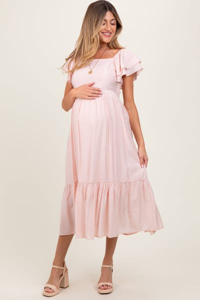 Listicle Light Pink Flutter Sleeve Maternity Midi Dress