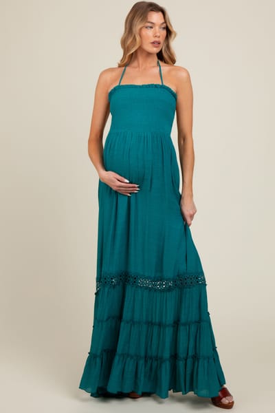 PinkBlush Teal Smocked Open Back Maternity Maxi Dress