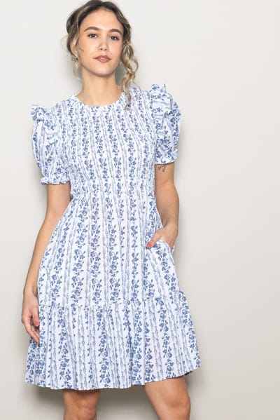 Elloh White Floral Smocked Ruffle Accent Dress