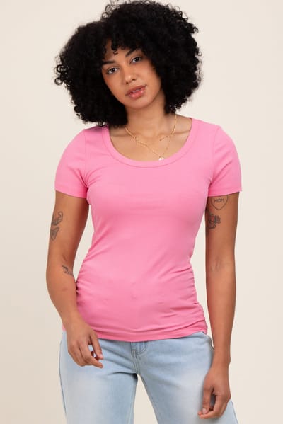 P.S. Kate Pink Ribbed Ruched Short Sleeve Top