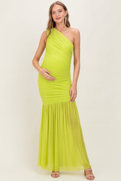 PinkBlush Lime Ruched Mesh One Shoulder Maternity Maxi Dress