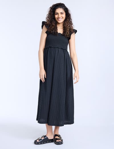 Motherhood Maternity Sleeveless Ruffle Shoulder Smocked Dress
