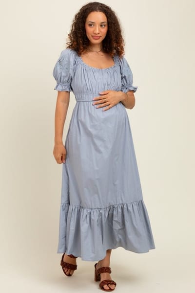 PinkBlush Dusty Blue Eyelet Embroidered Sleeve Cotton Maternity Midi Dress