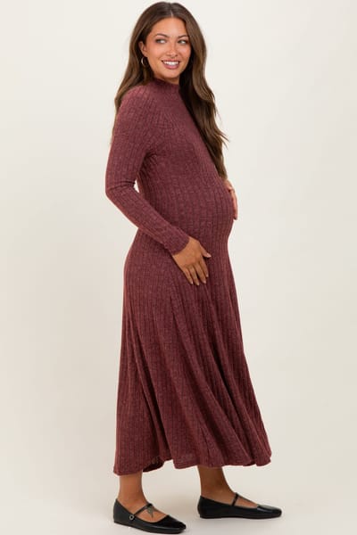 PinkBlush Burgundy Ribbed Mock Neck Maternity Midi Dress