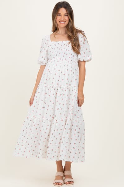 Million Colors White Floral Puff Sleeve Tiered Maternity Maxi Dress