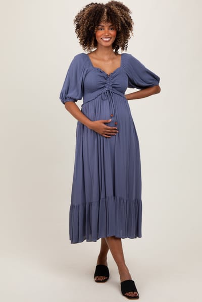 Dress Day Blue Smocked Cinched Front Maternity Maxi Dress