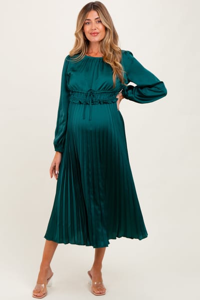 Dress Day Forest Green Pleated Satin Smocked Waist Maternity Midi Dress