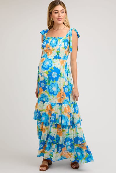 PinkBlush Blue Floral Smocked Shoulder Strap Maternity Maxi Dress