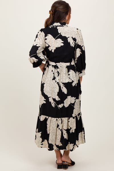 Entro Black Floral Print Cinched Tie Waist Maternity Shirt Dress