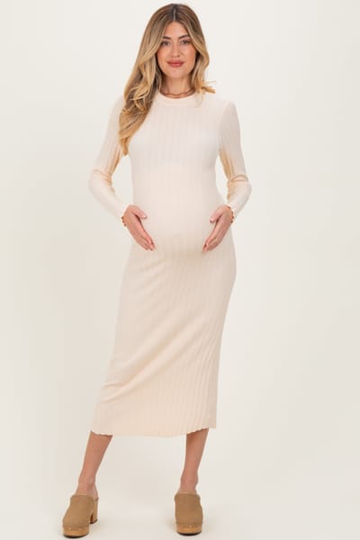 ABLE Cream Ribbed Knit Fitted Maternity Midi Sweater Dress
