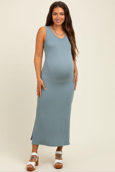 PinkBlush Blue Ribbed Side Slit Maternity Maxi Dress