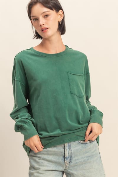 Hyfve Green Oversized Washed Long Sleeve Pocket Top
