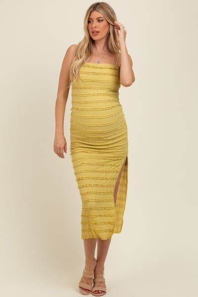 En Creme Yellow Ruffle Tiered Fitted Maternity Maxi Dress