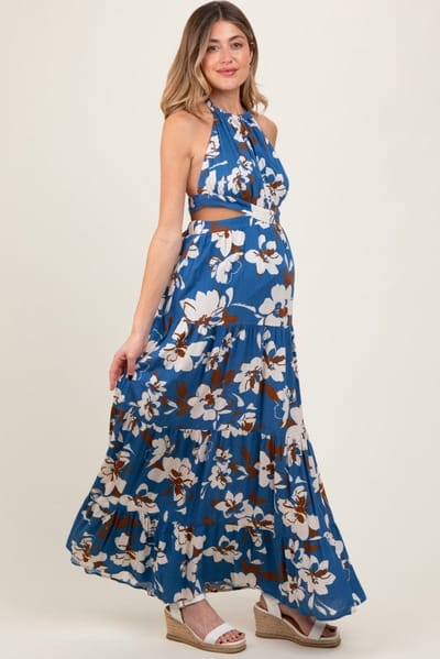 PinkBlush Blue Floral Halter Side Cutout Maternity Maxi Dress