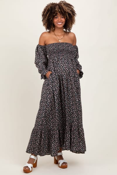 PinkBlush Black Floral Smocked Off Shoulder Maternity Maxi Dress