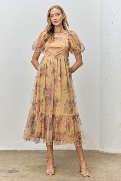 Polagram Yellow Floral Tulle Puff Sleeve Midi Dress